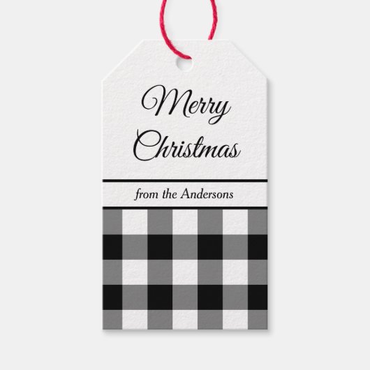 Rustoque zwart-wit geruit kerstfeest cadeaulabel (Voorkant)