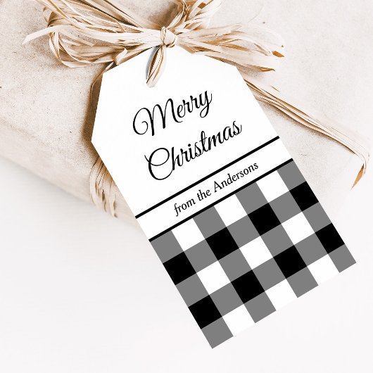 Rustoque zwart-wit geruit kerstfeest cadeaulabel