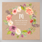 Rustoze bloemige kraft gepersonaliseerde geboortep poster (Voorkant)