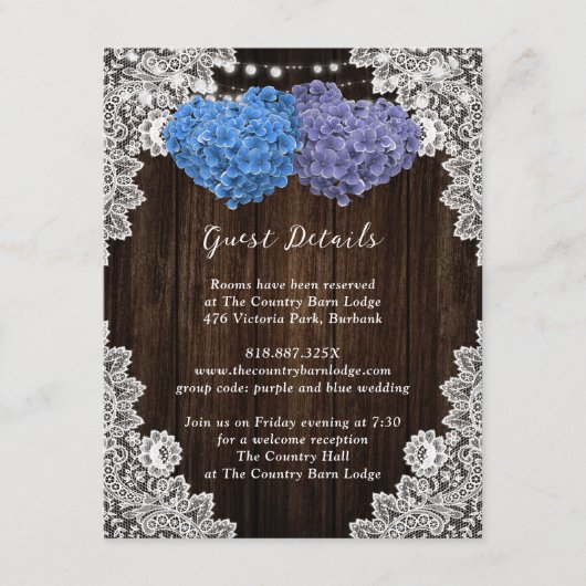Rustoze paarse en blauwe bloemige bijlagekaart informatiekaartje (Voorkant)