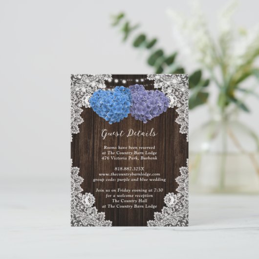 Rustoze paarse en blauwe bloemige bijlagekaart informatiekaartje (Staand voorkant)