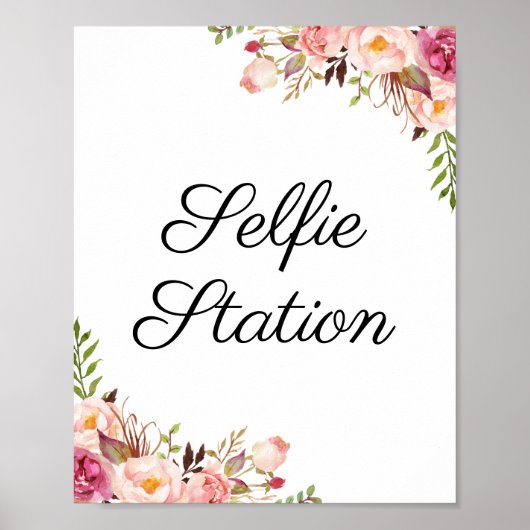 Rustoze Roze Bloemen Huwelijks Selfie Station Bord Poster (Voorkant)