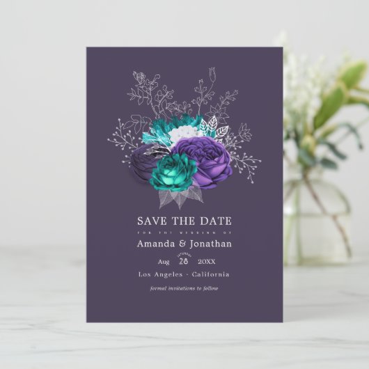 Rustoze Violet en Turquoise Bloemige Trouwfoto Save The Date (Staand voorkant)