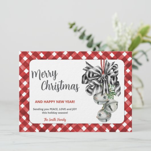 Rustrode Gingham Noël Kerst Uitnodiging (Staand voorkant)