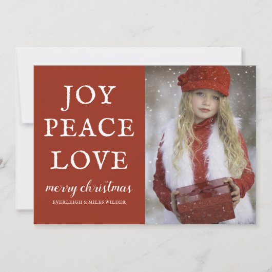 Rustrode Kerstkaart met Vreugde Vrede Liefde Foto (Voorkant)
