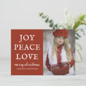 Rustrode Kerstkaart met Vreugde Vrede Liefde Foto (Staand voorkant)