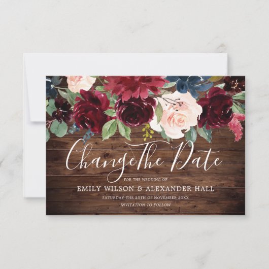 Rustrode Wijn Bourgogne Bloemen Datum Wijzigen Save The Date (Voorkant)