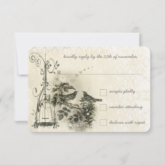 Rustromantische vintage vogelkooi liefdesvogels RSVP kaartje (Voorkant)