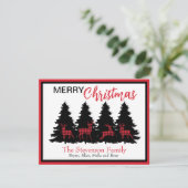 Rustrood zwart buffelruitjespatroon herten en bome feestdagenkaart (Staand voorkant)