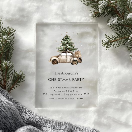 Rustwaterverf Kerstmis met Oude Auto Acryl Uitnodigingen
