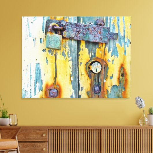 Rusty aqua geschilderd schuur deur lock galerij ca canvas afdruk (Insitu (Woonkamer))