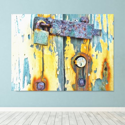 Rusty aqua geschilderd schuur deur lock galerij ca canvas afdruk (Insitu (Houten vloer))