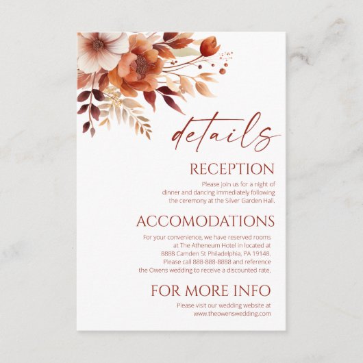 Rusty Bourgondië Bruine Bloemen Trouwdetails Informatiekaartje (Voorkant)