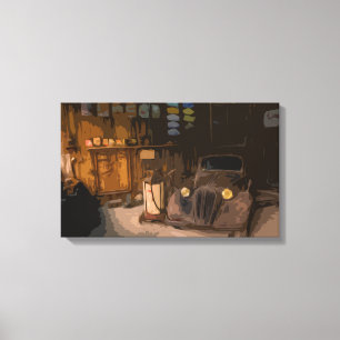 Rusty Broken Car in Old Garage Canvas
