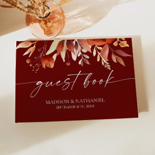 Rusty Burgundy Brown Bloemen Huwelijk Gastenboek