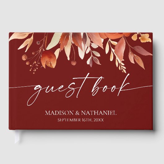 Rusty Burgundy Brown Bloemen Huwelijk Gastenboek (Voorkant)