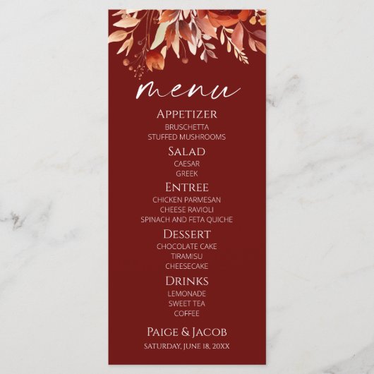 Rusty Burgundy Brown Bloemen Huwelijk Menu (Voorkant)