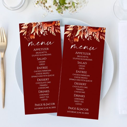 Rusty Burgundy Brown Bloemen Huwelijk Menu