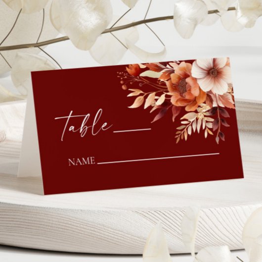 Rusty Burgundy Brown Bloemen Huwelijk Plaatskaartje