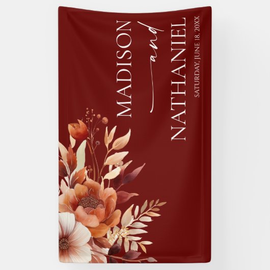 Rusty Burgundy Brown Bloemen Huwelijk Spandoek (Verticaal)