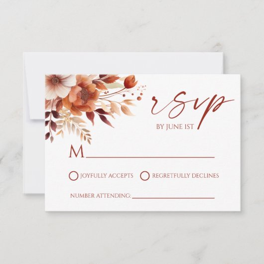 Rusty Burgundy Brown Floral Flower Garden Wedding RSVP Kaartje (Voorkant)