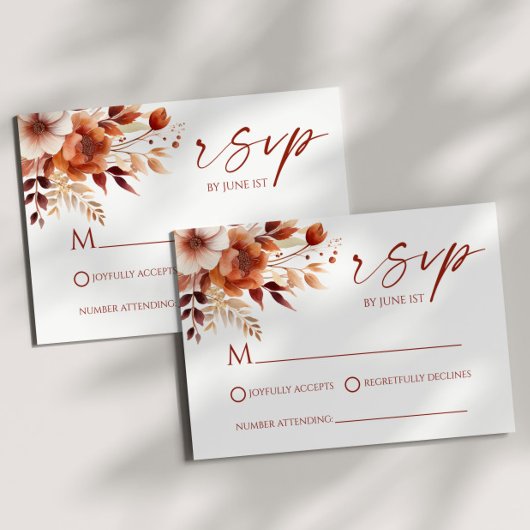 Rusty Burgundy Brown Floral Flower Garden Wedding RSVP Kaartje