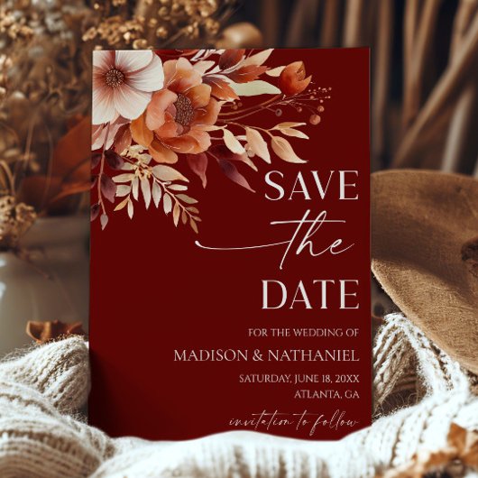 Rusty Burgundy Brown Floral Flower Garden Wedding Save The Date