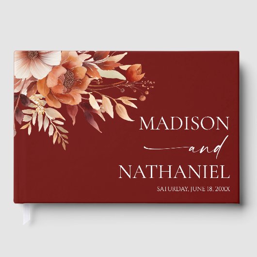 Rusty Burgundy Brown Floral Flower Wedding Gastenboek (Voorkant)
