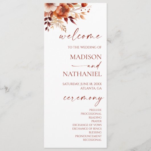 Rusty Burgundy Brown Floral Flower Wedding Programmakaart (Voorkant)