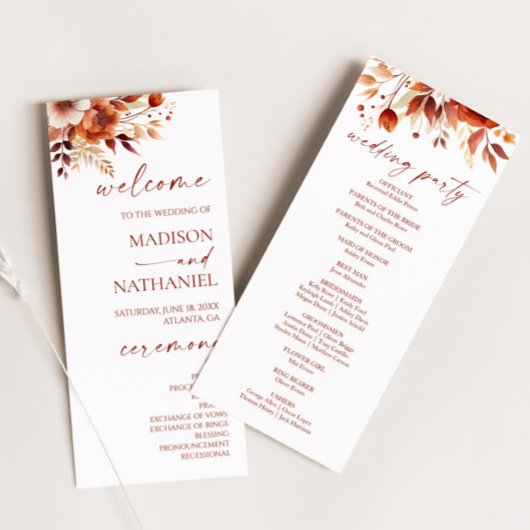 Rusty Burgundy Brown Floral Flower Wedding Programmakaart