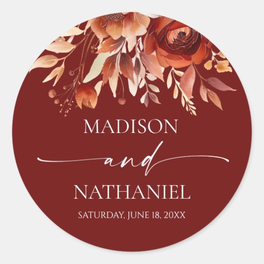 Rusty Burgundy Brown Floral Flower Wedding Ronde Sticker (Voorkant)