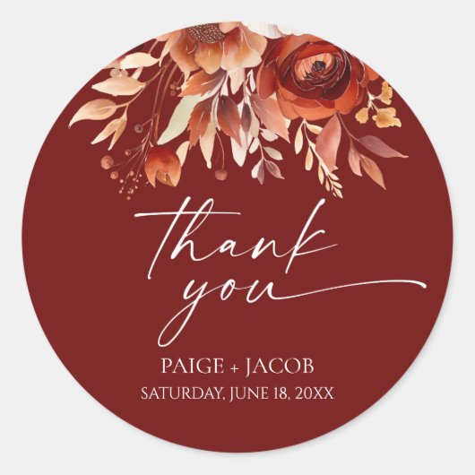 Rusty Burgundy Brown Floral Flower Wedding Ronde Sticker (Voorkant)