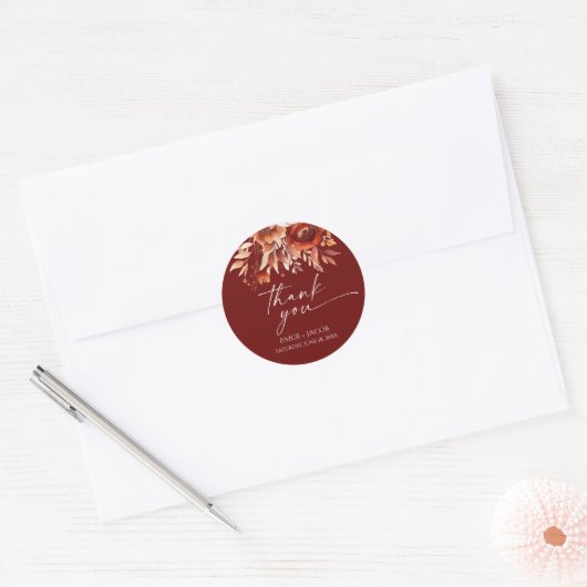 Rusty Burgundy Brown Floral Flower Wedding Ronde Sticker (Envelop)
