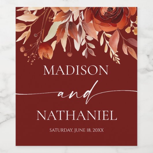 Rusty Burgundy Brown Floral Flower Wedding Wijn Etiket (Enkel label)