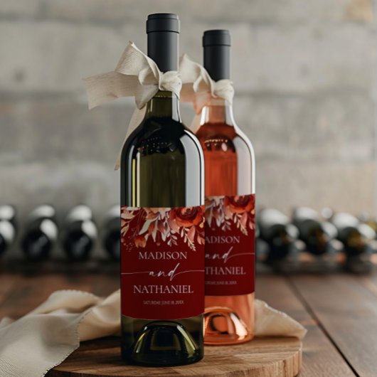 Rusty Burgundy Brown Floral Flower Wedding Wijn Etiket