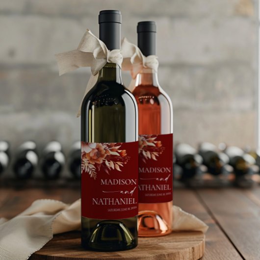 Rusty Burgundy Brown Floral Flower Wedding Wijn Etiket