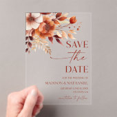 Rusty Burgundy Brown Floral Wedding Save The Date Acryl Uitnodigingen (Insitu (Draagbaar))
