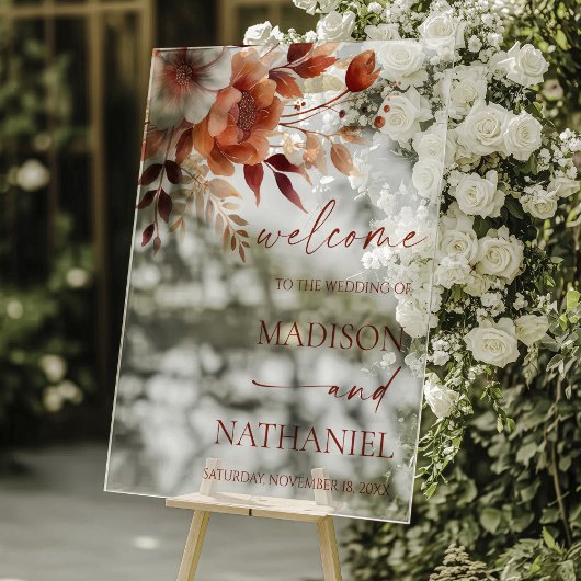 Rusty Burgundy Brown Floral Wedding Welcome Acryl Bord