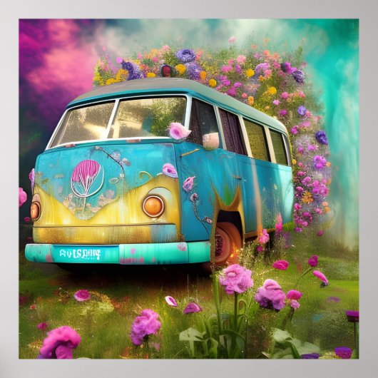 Rusty old Combi Van met Flowers Poster (Voorkant)