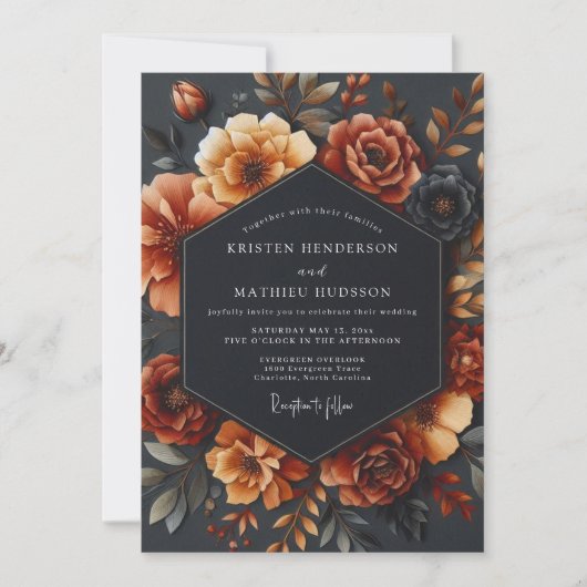 Rusty Orange Bloom Romance Wedding Kaart (Voorkant)