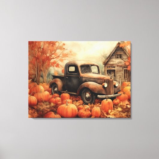  Rusty Pickup en Pompoenen Herfst 32x24 Canvas Afdruk (Voorkant)