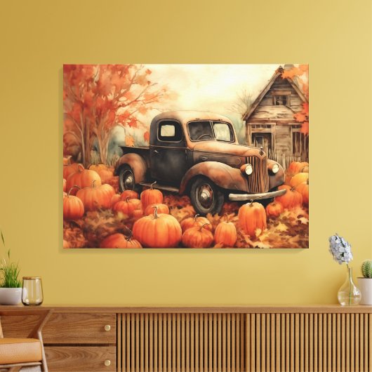 Rusty Pickup en Pompoenen Herfst 32x24 Canvas Afdruk (Insitu (Woonkamer))