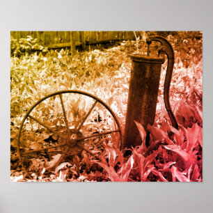 Rusty Pump Wheel Garden Black en White  Poster