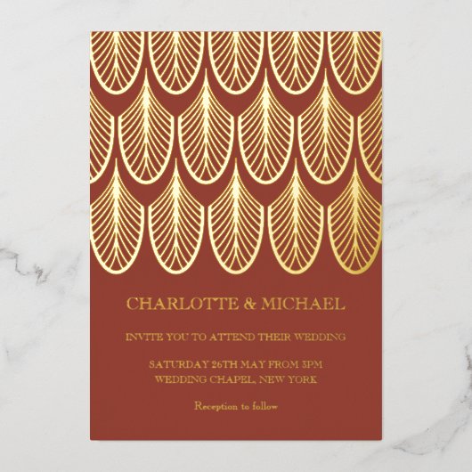 Rusty red Art Deco goudFolie Uitnodiging (Voorkant)