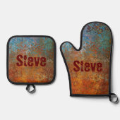 Rusty, Verdigris, Grunge Steampunk Persoonlijk Ovenwant & Pannenlap Set (Voorkant)