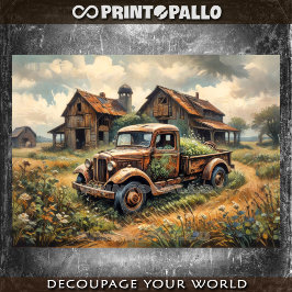 Rusty verlaten pick-up in het landelijke landschap tissuepapier