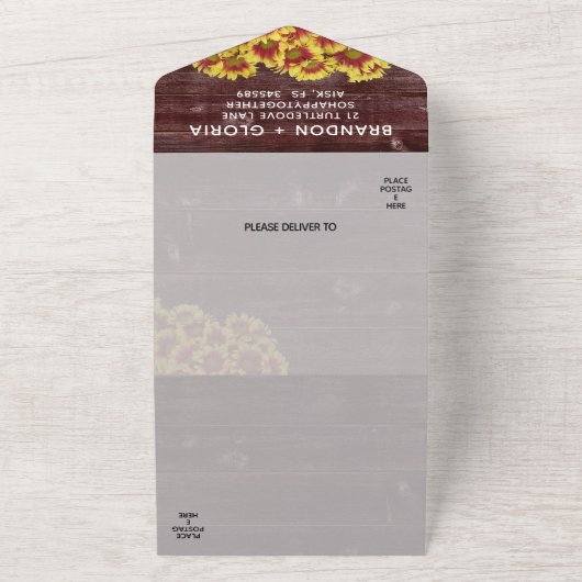 Rutherford herfst zonnebloemen op hek bruiloft all in one uitnodiging (Buitenkant)