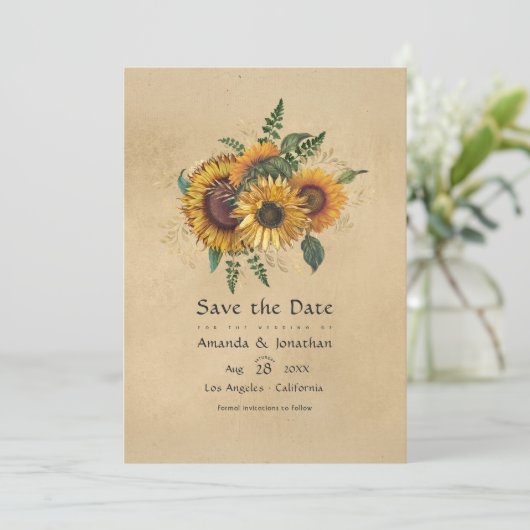 Rutherfordige Zonnebloem Bruiloft Save The Date (Staand voorkant)