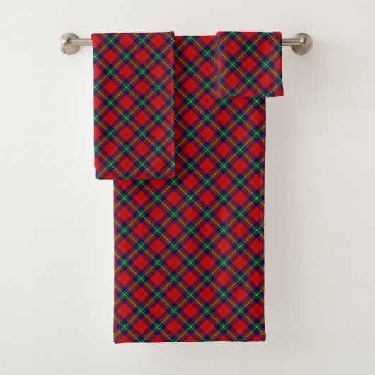 Ruthven tartan red green blue plaid bad handdoek (Insitu)