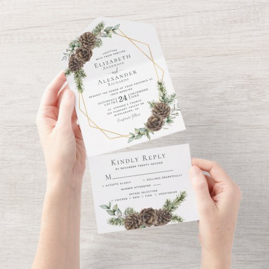 Ruw aquarel Winter Woud Dennenappel Trouwen All In One Uitnodiging (Afscheurbaar)